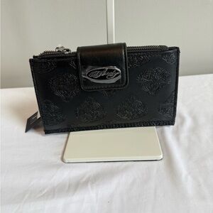 Ed Hardy Black Embossed Leather Snap & Zip Wallet